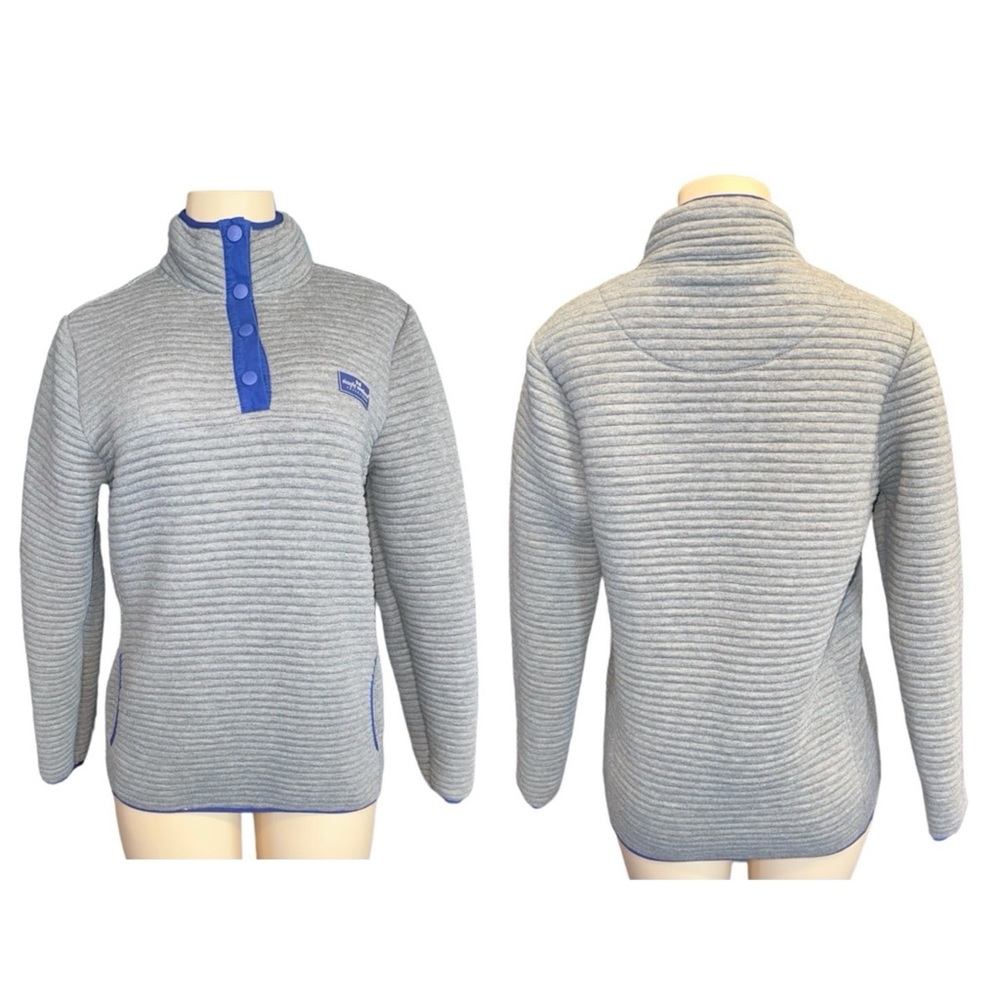 Simply Southern 1/4 Snap Pullover Sweater Gray Blue‎ Ribbed Size Small Golf Fish